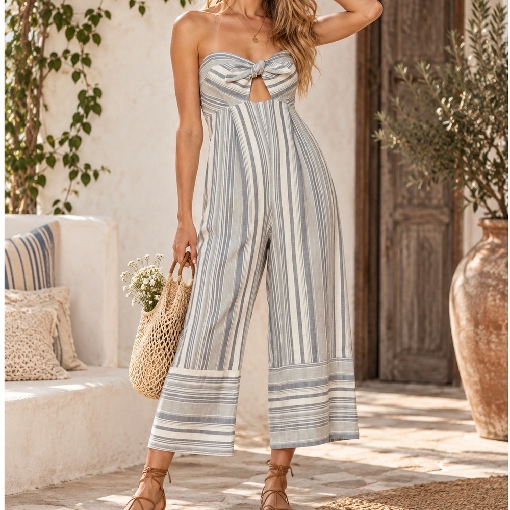 Red Carter Kimberly Striped Tie Front Strapless Jumpsuit Blue White Medium C1